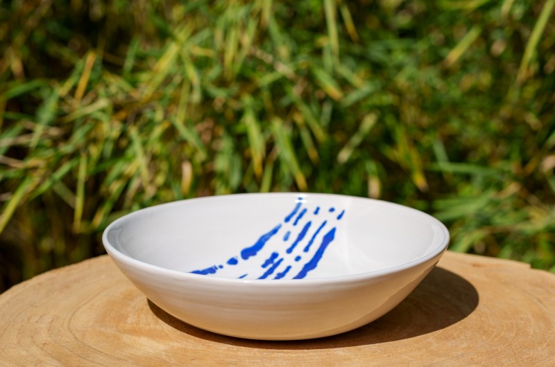 Assiette à pâtes bleue et blanche