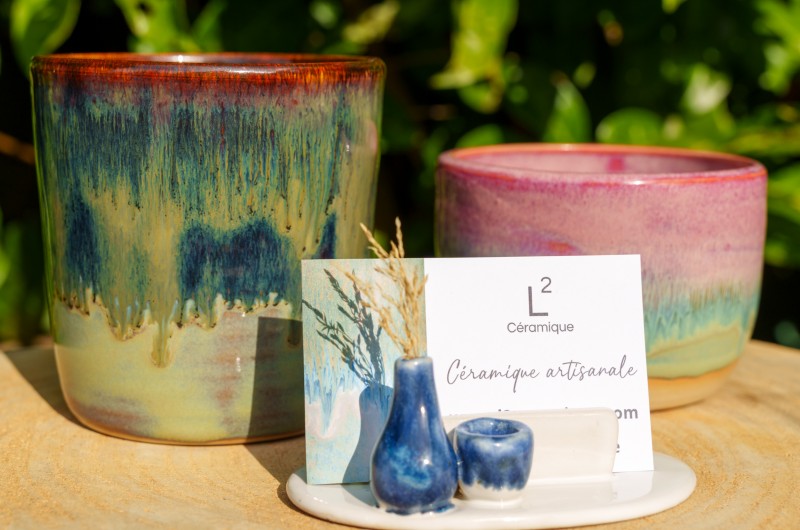 Porte carte de visite Mini vases bleu et blanc